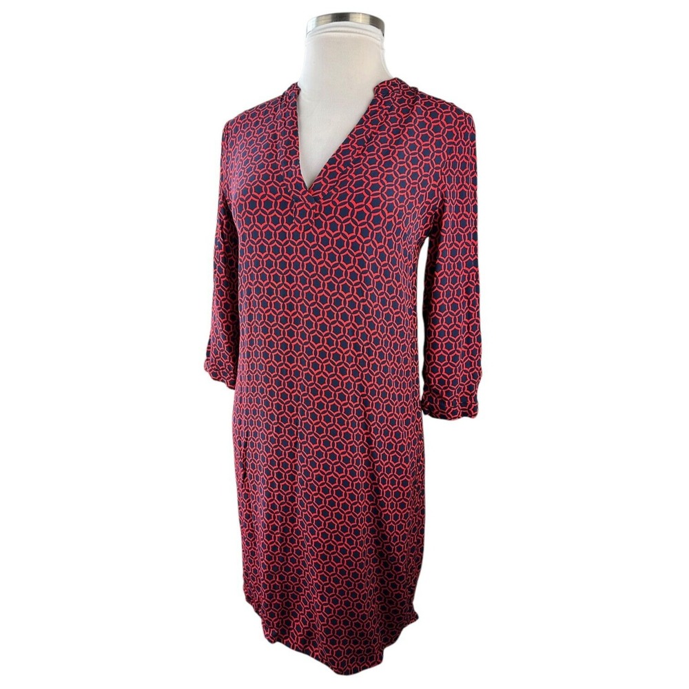Boden V-Neck Geo Print 3/4 Sleeve Shift Dress Red & Navy Size 10 *Missing Belt* - Picture 5 of 16